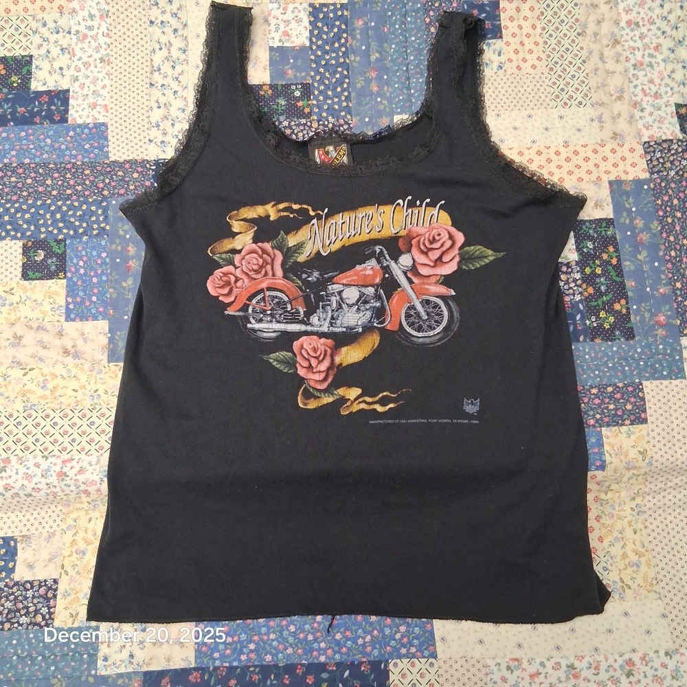 VTG 3D Emblem Tank Top Shirt SZ L Black Lace Trim Natures Child Roses Motorcycle